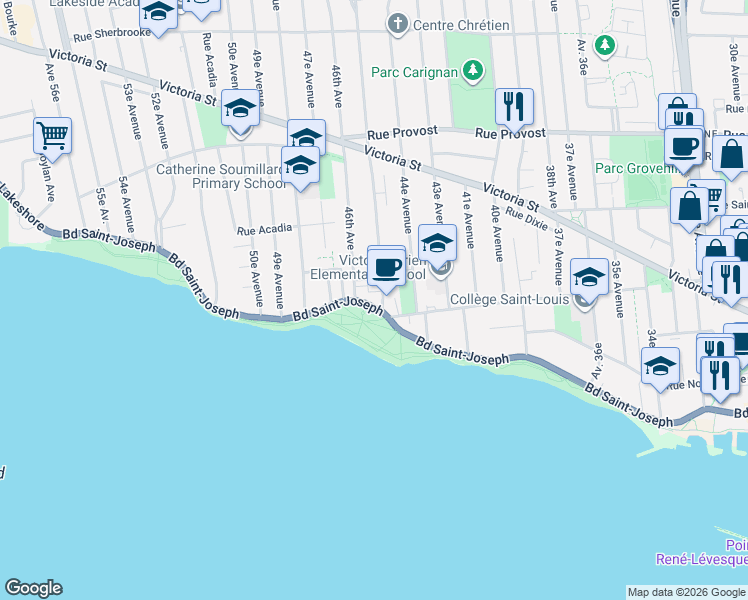 map of restaurants, bars, coffee shops, grocery stores, and more near 4510 Boulevard Saint-Joseph in Montréal