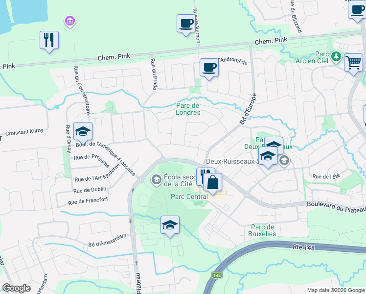 map of restaurants, bars, coffee shops, grocery stores, and more near 130 Rue de Londres in Gatineau
