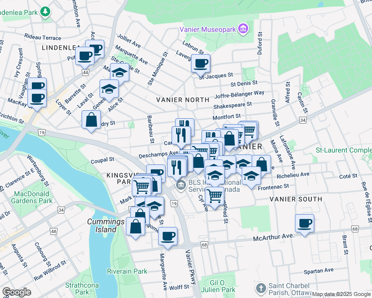 map of restaurants, bars, coffee shops, grocery stores, and more near 209 Deschamps Avenue in Ottawa