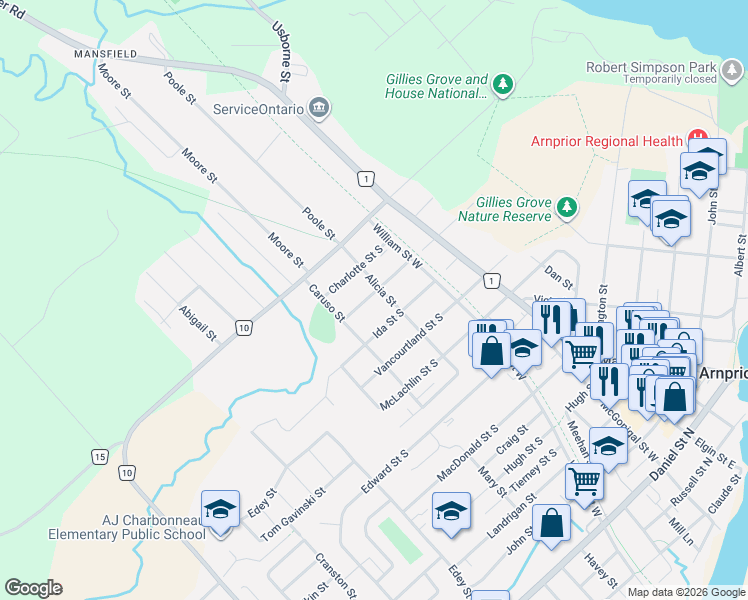 map of restaurants, bars, coffee shops, grocery stores, and more near 48 Norma Street South in Arnprior