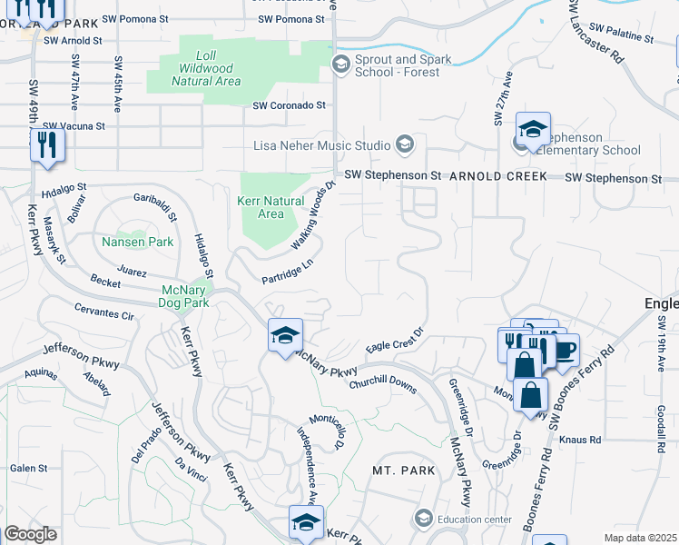 map of restaurants, bars, coffee shops, grocery stores, and more near 12329 Southwest 34th Avenue in Portland
