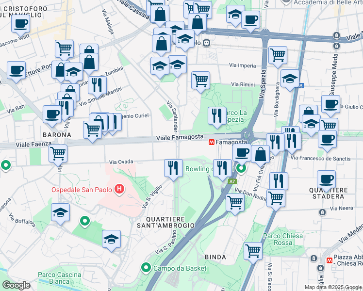 map of restaurants, bars, coffee shops, grocery stores, and more near Via San Vigilio in Milano