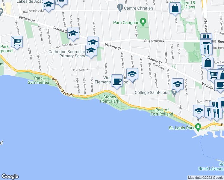 map of restaurants, bars, coffee shops, grocery stores, and more near 4530 Boulevard Saint-Joseph in Montréal