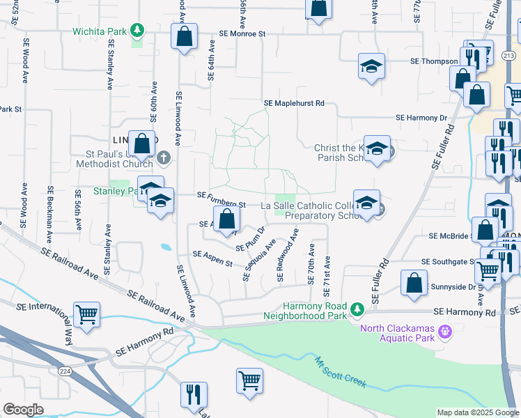map of restaurants, bars, coffee shops, grocery stores, and more near 6703 Southeast Plum Drive in Milwaukie
