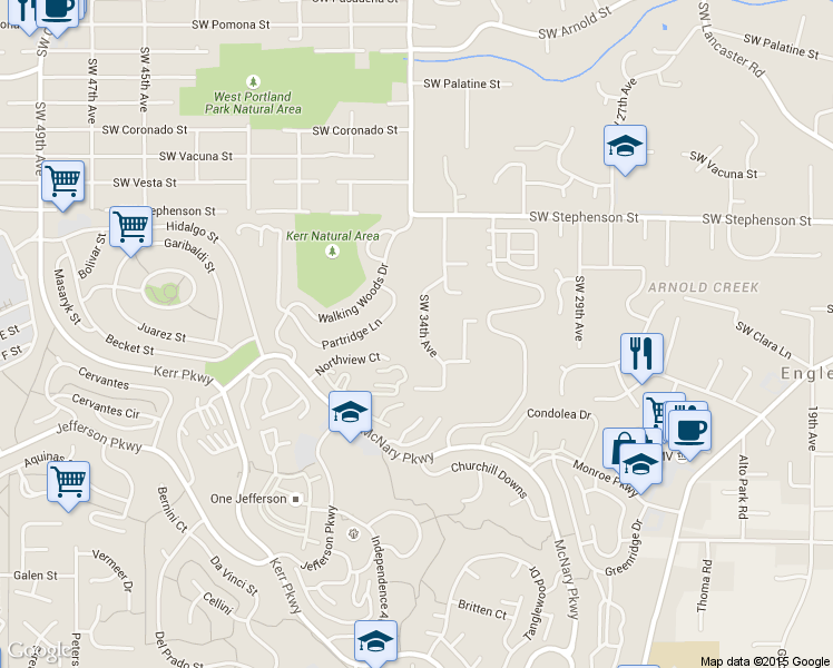 map of restaurants, bars, coffee shops, grocery stores, and more near 12329 Southwest 34th Avenue in Portland