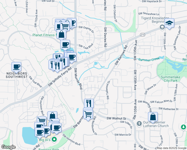 map of restaurants, bars, coffee shops, grocery stores, and more near 11417 Southwest Davies Road in Beaverton