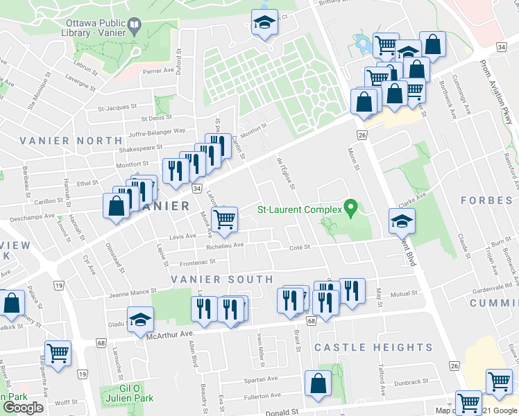 map of restaurants, bars, coffee shops, grocery stores, and more near in Ottawa
