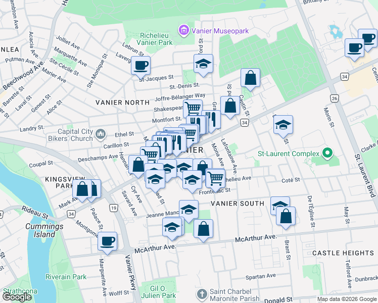 map of restaurants, bars, coffee shops, grocery stores, and more near in Ottawa