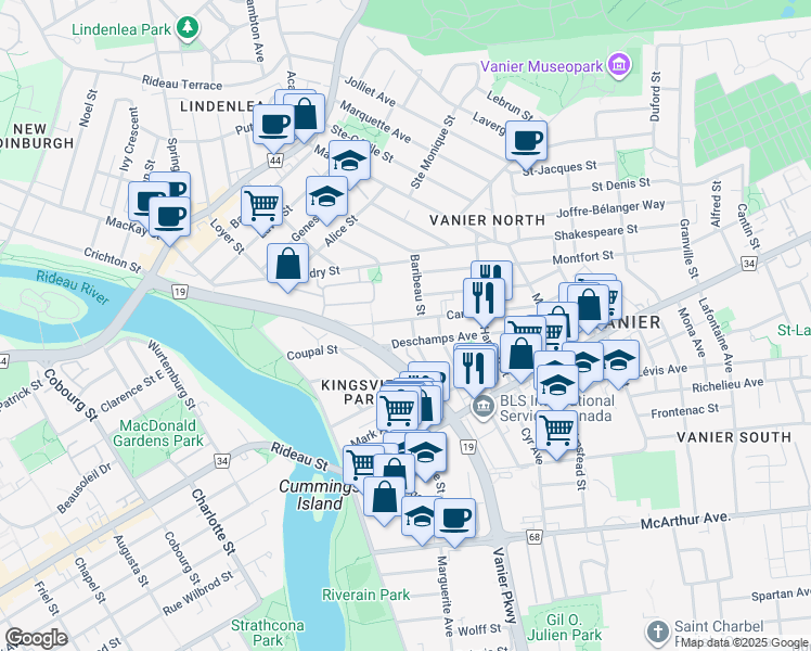 map of restaurants, bars, coffee shops, grocery stores, and more near in Ottawa