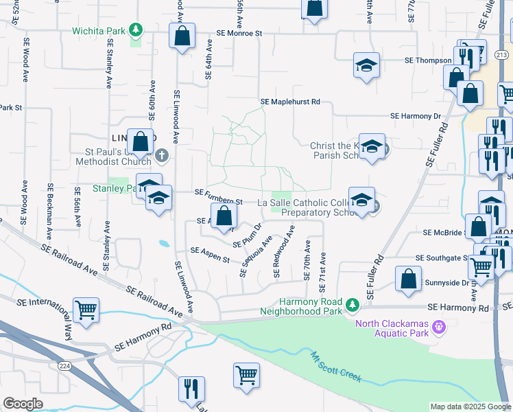 map of restaurants, bars, coffee shops, grocery stores, and more near 6703 Southeast Plum Drive in Milwaukie