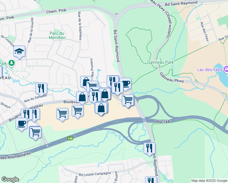 map of restaurants, bars, coffee shops, grocery stores, and more near 25 Boulevard du Plateau in Gatineau