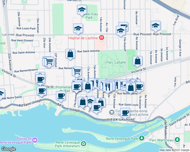 map of restaurants, bars, coffee shops, grocery stores, and more near 16e Avenue in Montréal
