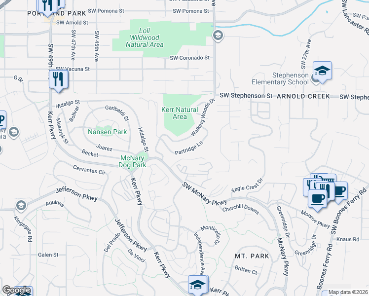 map of restaurants, bars, coffee shops, grocery stores, and more near 12 Partridge Lane in Lake Oswego