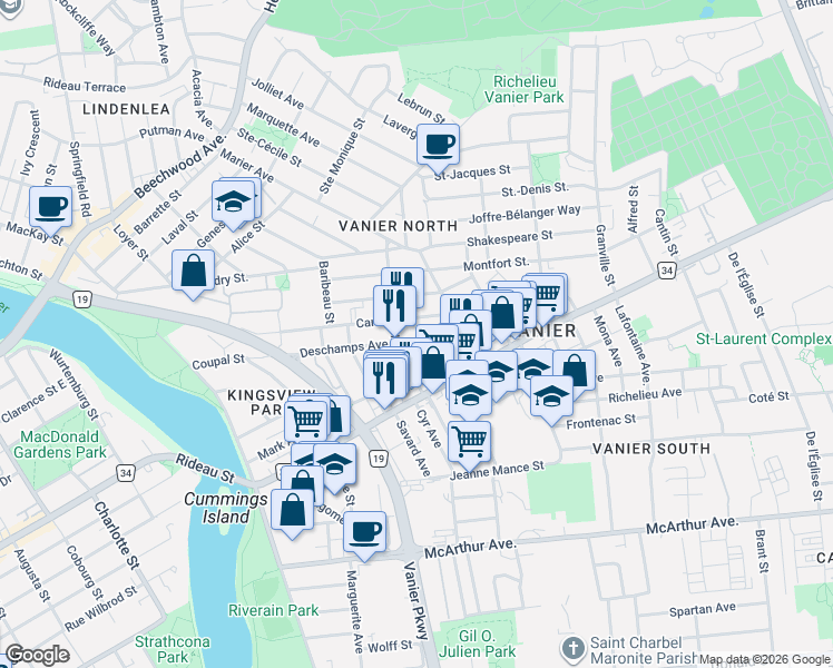 map of restaurants, bars, coffee shops, grocery stores, and more near 234 Hannah Street in Ottawa