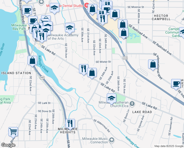 map of restaurants, bars, coffee shops, grocery stores, and more near 11908 Southeast 32nd Avenue in Milwaukie