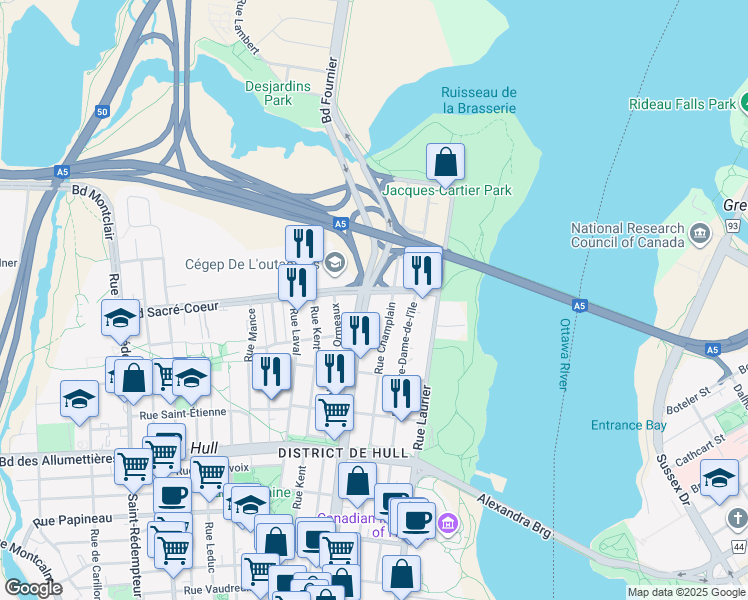map of restaurants, bars, coffee shops, grocery stores, and more near 290 Boulevard Maisonneuve in Gatineau