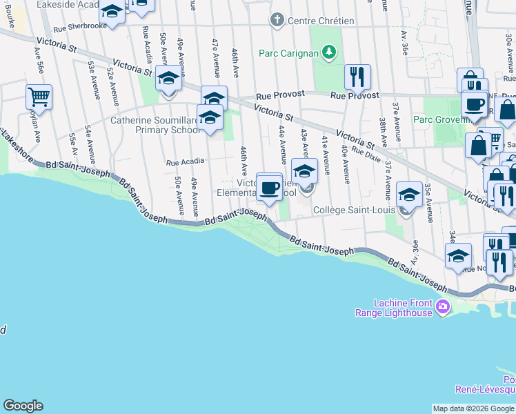 map of restaurants, bars, coffee shops, grocery stores, and more near 4510 Boulevard Saint-Joseph in Montréal