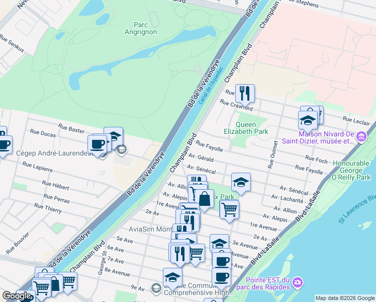 map of restaurants, bars, coffee shops, grocery stores, and more near 7486 Boulevard Champlain in Montréal