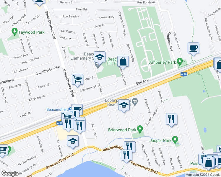 map of restaurants, bars, coffee shops, grocery stores, and more near 90 Elgin Crescent in Beaconsfield