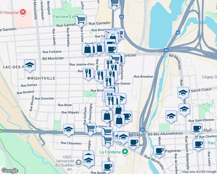 map of restaurants, bars, coffee shops, grocery stores, and more near 259 Boulevard Saint-Joseph in Gatineau