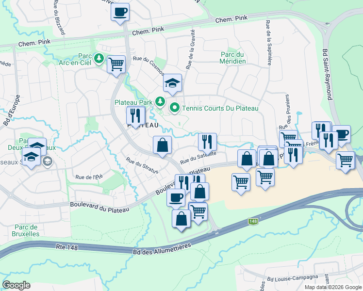 map of restaurants, bars, coffee shops, grocery stores, and more near 46 Rue du Zénith in Gatineau