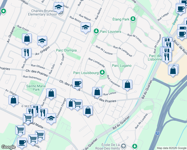 map of restaurants, bars, coffee shops, grocery stores, and more near 7735 Loire in Brossard