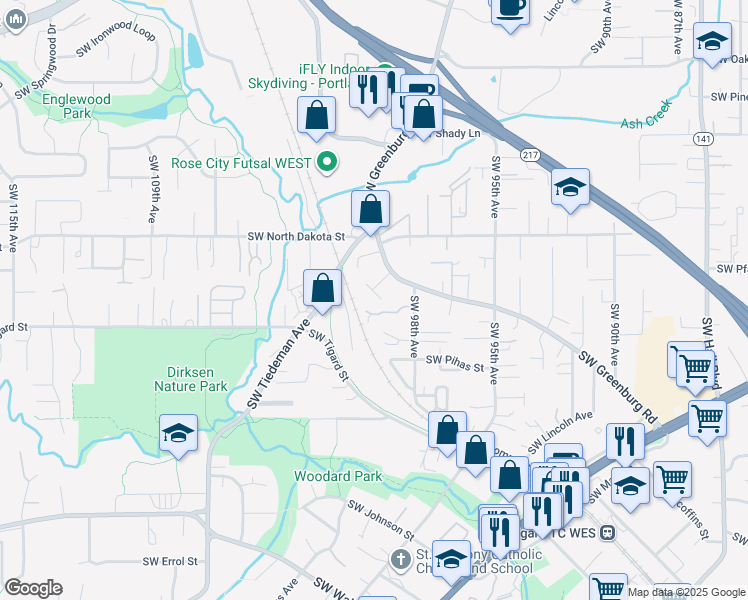map of restaurants, bars, coffee shops, grocery stores, and more near 9957 Southwest Scott Court in Portland