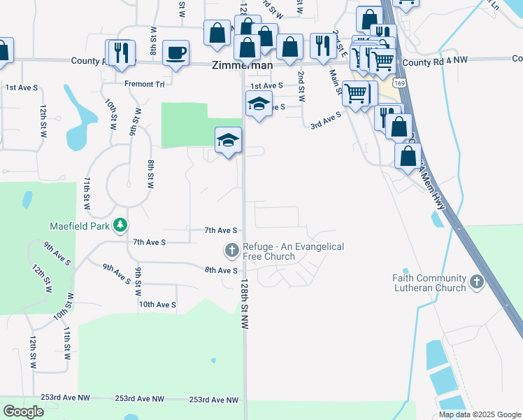 map of restaurants, bars, coffee shops, grocery stores, and more near 25660 3rd Street West in Zimmerman