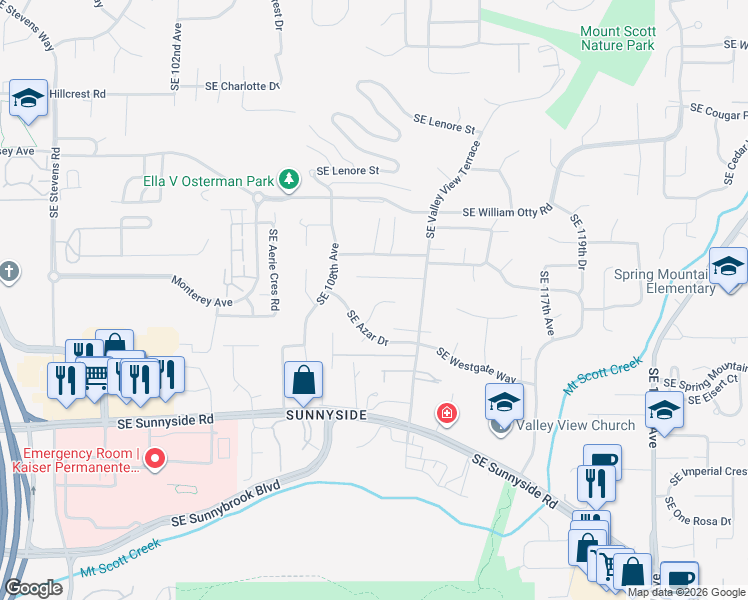 map of restaurants, bars, coffee shops, grocery stores, and more near 11895 Southeast Knee Court in Happy Valley