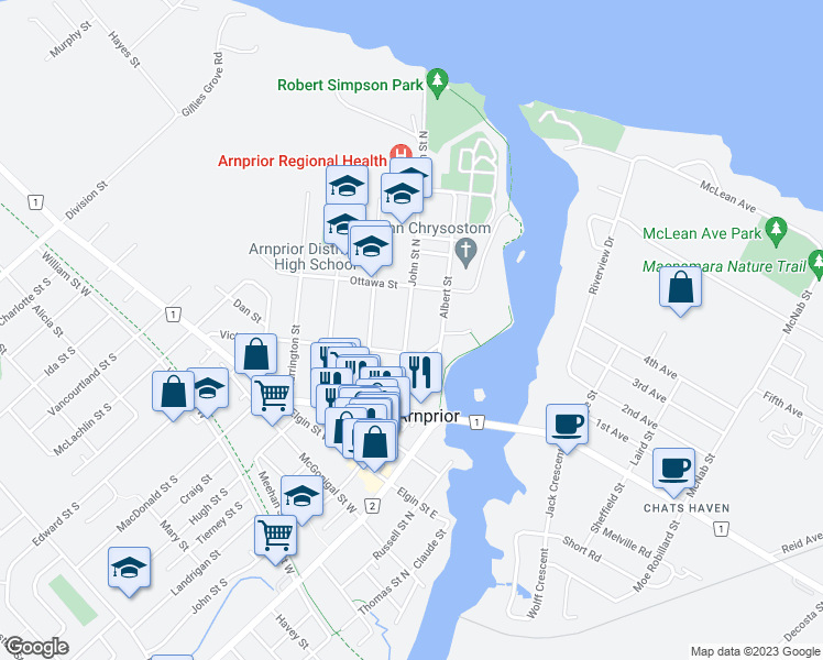map of restaurants, bars, coffee shops, grocery stores, and more near 241 John Street North in Arnprior