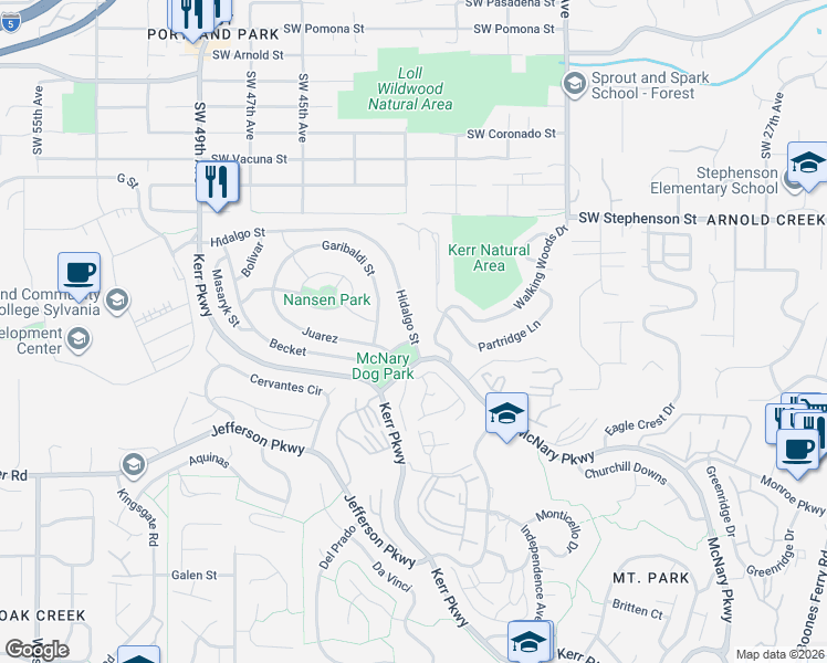 map of restaurants, bars, coffee shops, grocery stores, and more near 12 Hidalgo Street in Lake Oswego