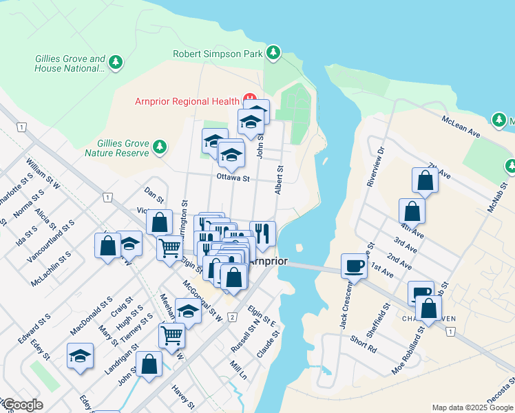 map of restaurants, bars, coffee shops, grocery stores, and more near 241 John Street North in Arnprior