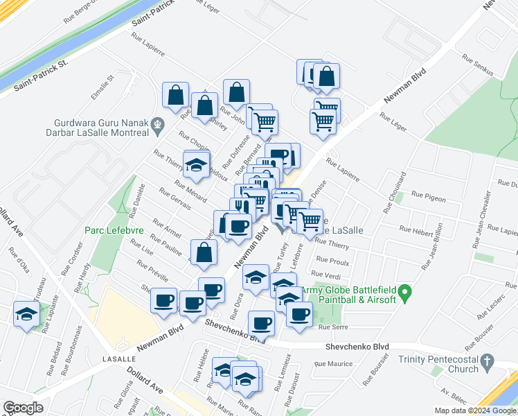 map of restaurants, bars, coffee shops, grocery stores, and more near 2057 Rue Thierry in Montréal