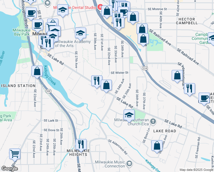 map of restaurants, bars, coffee shops, grocery stores, and more near 11908 Southeast 32nd Avenue in Milwaukie