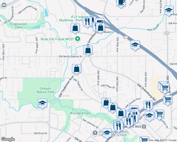 map of restaurants, bars, coffee shops, grocery stores, and more near 9957 Southwest Scott Court in Portland