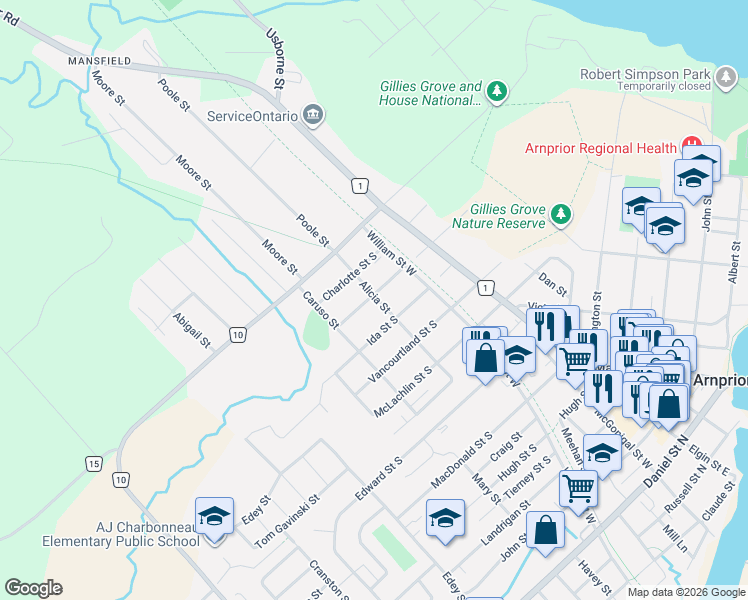 map of restaurants, bars, coffee shops, grocery stores, and more near 48 Norma Street South in Arnprior