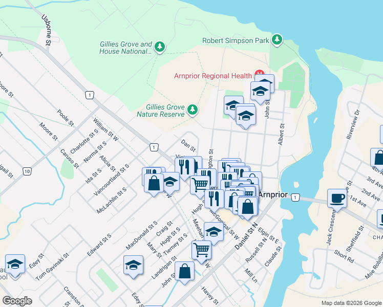 map of restaurants, bars, coffee shops, grocery stores, and more near 162 Dan Street in Arnprior