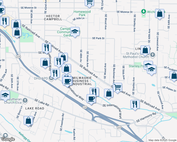 map of restaurants, bars, coffee shops, grocery stores, and more near 4921 Southeast Railroad Avenue in Milwaukie