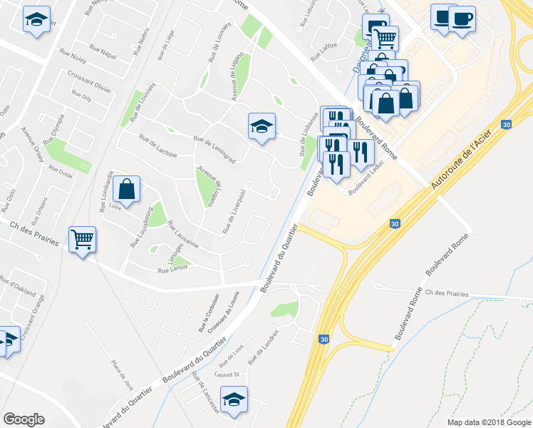 map of restaurants, bars, coffee shops, grocery stores, and more near 8085 Rue Lausanne in Brossard