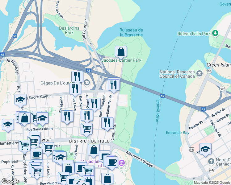 map of restaurants, bars, coffee shops, grocery stores, and more near 200 Boulevard Sacré Coeur in Hull