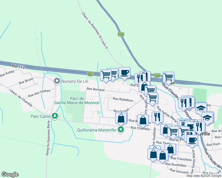 map of restaurants, bars, coffee shops, grocery stores, and more near 611 Rue Bernard in Marieville