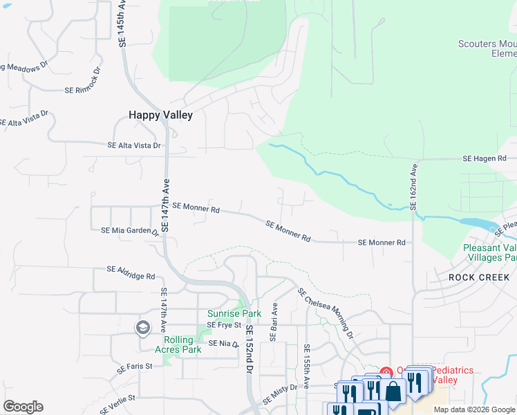 map of restaurants, bars, coffee shops, grocery stores, and more near 15050 Southeast Monner Road in Happy Valley