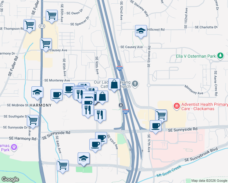 map of restaurants, bars, coffee shops, grocery stores, and more near 9225 SE Sunnyside Rd in Clackamas