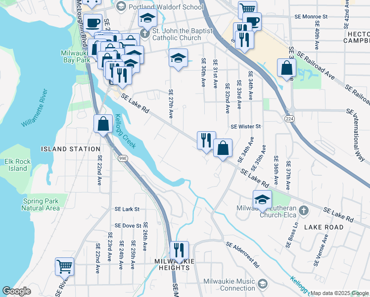 map of restaurants, bars, coffee shops, grocery stores, and more near 2892 Southeast Lake Road in Milwaukie