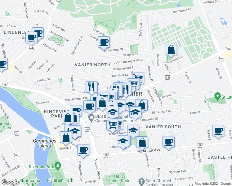 map of restaurants, bars, coffee shops, grocery stores, and more near 262a Deschamps Avenue in Ottawa