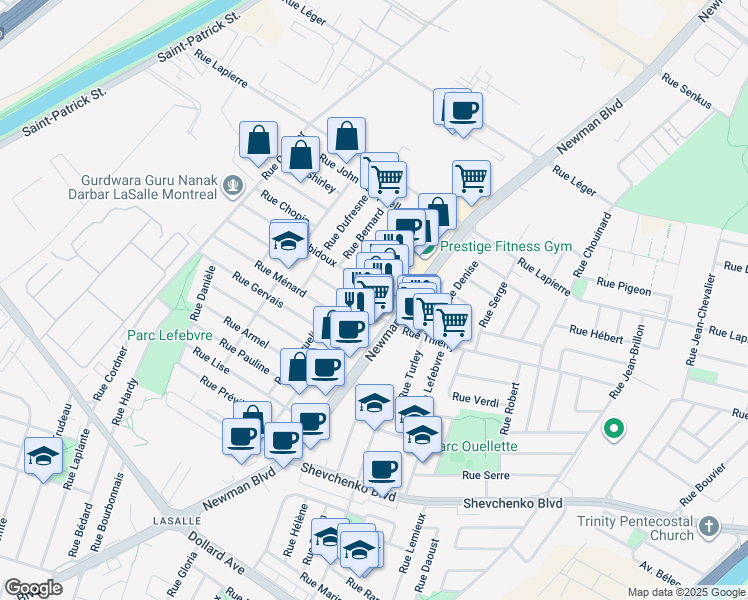 map of restaurants, bars, coffee shops, grocery stores, and more near 7927 Boulevard Newman in Montréal