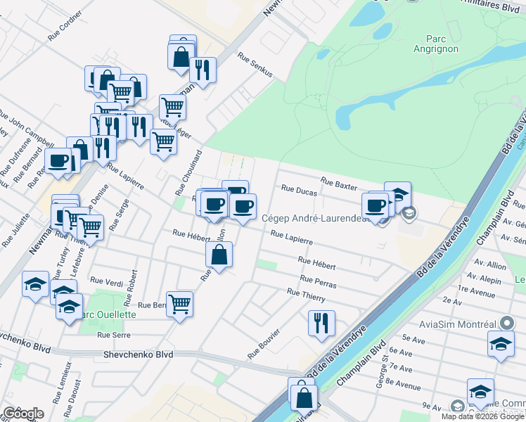 map of restaurants, bars, coffee shops, grocery stores, and more near 7553 Rue Jean-Chevalier in Montréal