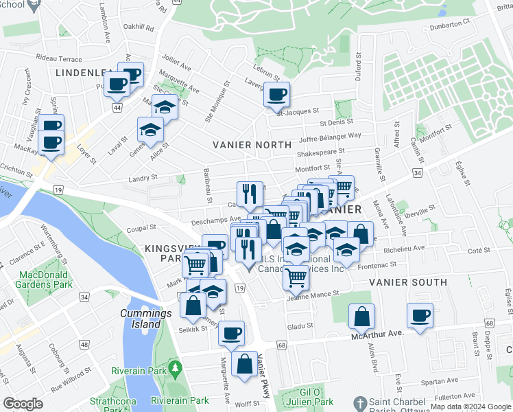map of restaurants, bars, coffee shops, grocery stores, and more near 208 Carillon Street in Ottawa