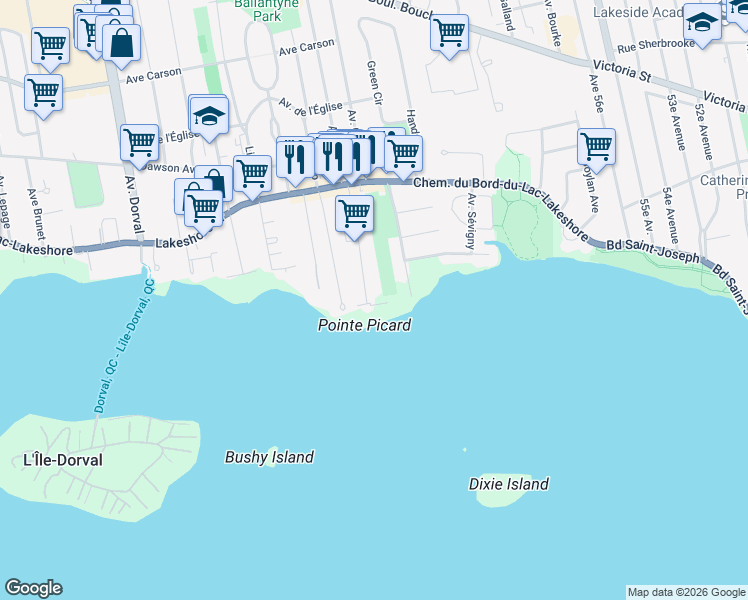 map of restaurants, bars, coffee shops, grocery stores, and more near 9 Avenue Martin in Dorval