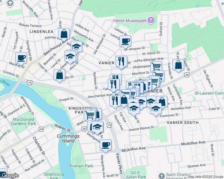 map of restaurants, bars, coffee shops, grocery stores, and more near 216 Hannah Street in Ottawa